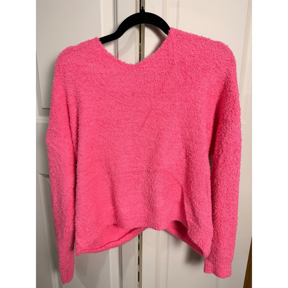 TopStyle Neon Pink Fuzzy Popcorn Knit Twist Front Reversible V-Neck Sweater L